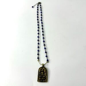 Vintage Sitting Buddha Pendant Necklace, Lapis Lazuli Wire Wrapped Necklace